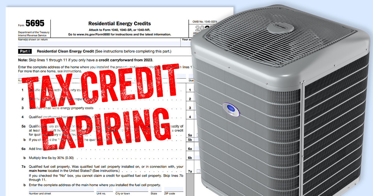 Tax Credit Expiring stamped on IRS form 5695 next to an air conditioner unit