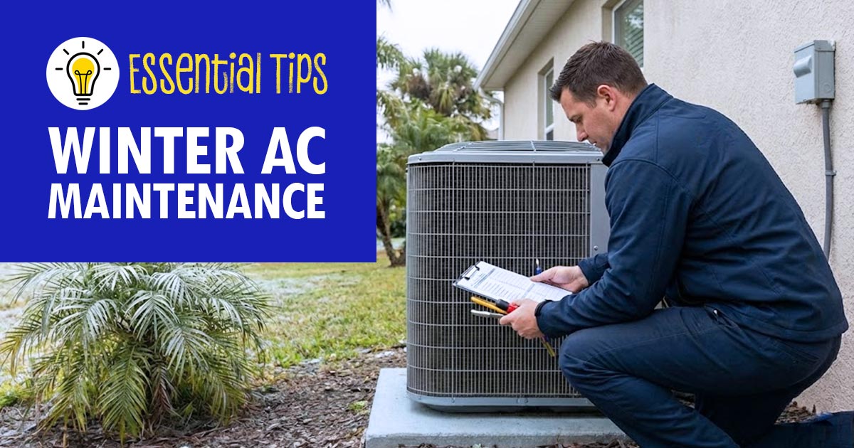 AC tech kneeling next to an AC unit with text that reads essential tips winter ac maintenance