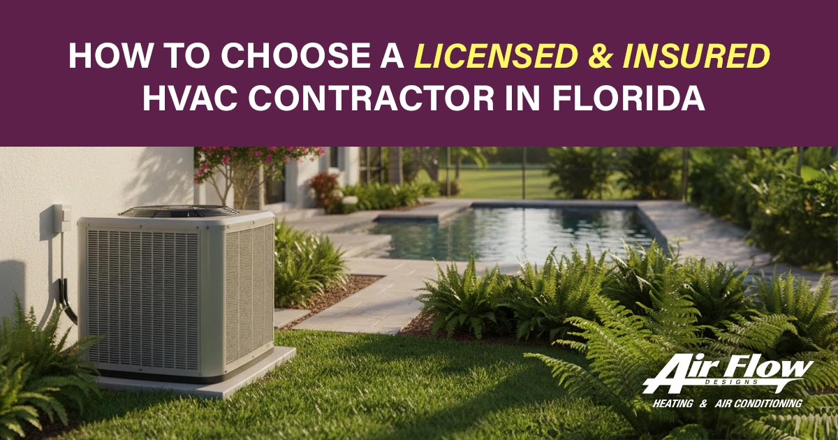 An AC unit near a pool with text that reads How to Choose a Licensed & Insured HVAC Contractor in Florida