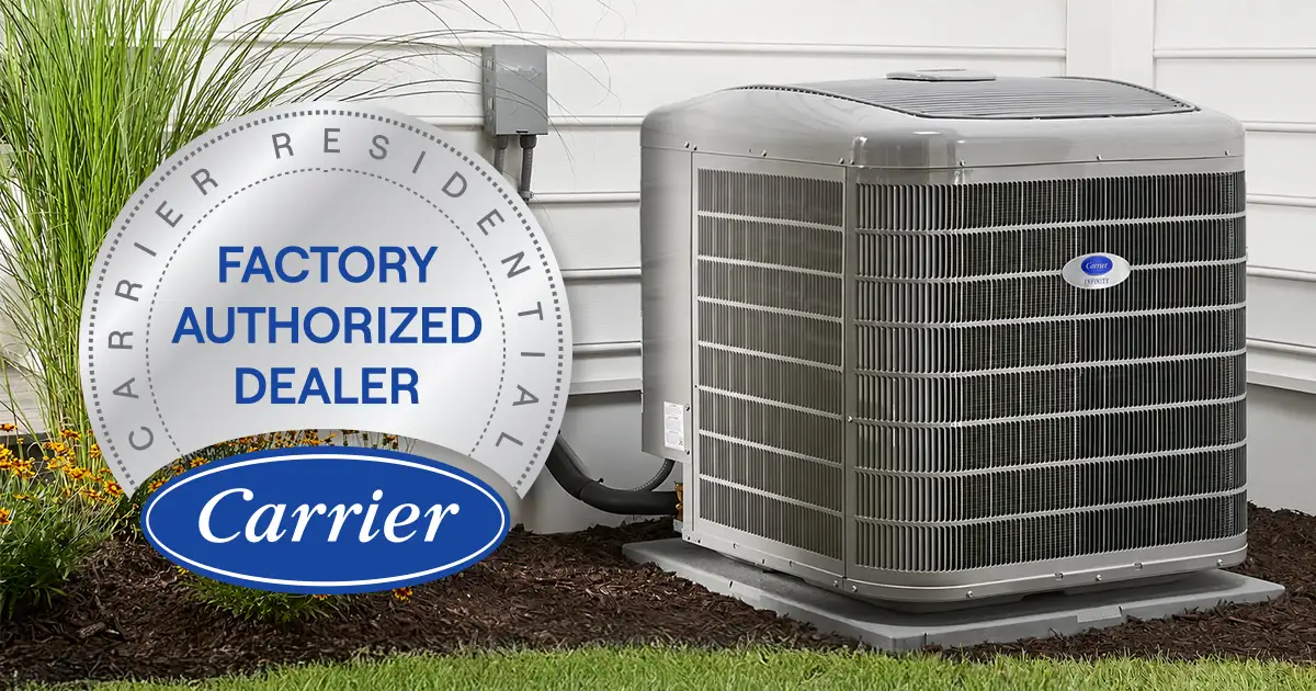 Carrier outdoor AC unit beside a home with Carrier Factory Authorized Dealer badge overlay.