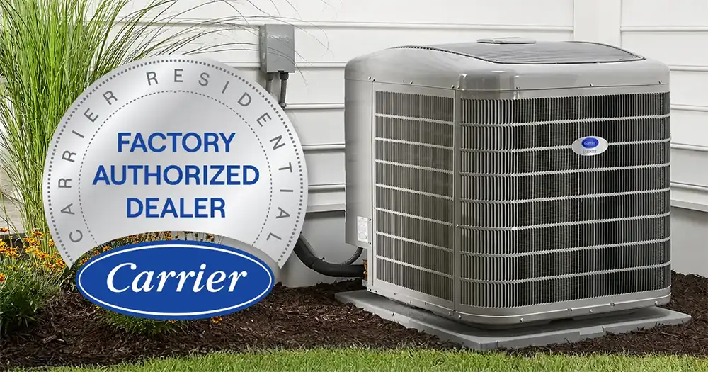 Carrier outdoor AC unit beside a home with Carrier Factory Authorized Dealer badge overlay.