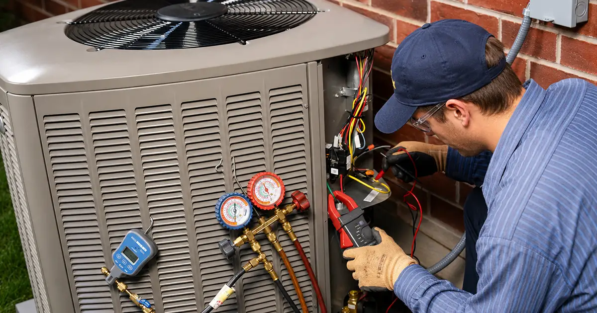 HVAC tech working on an outdoor AC unit