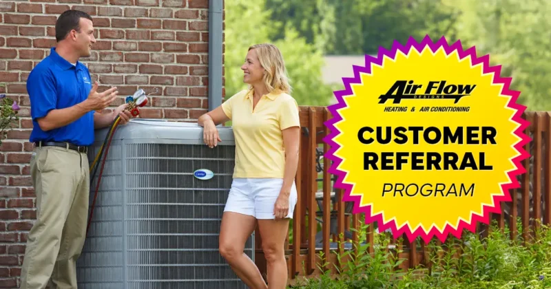 An HVAC technician talking to a smiling homeowner next to an outdoor AC unit. A large yellow starburst graphic on the right reads "Air Flow Designs Heating & Air Conditioning Customer Referral Program."