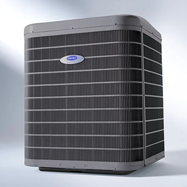Carrier outdoor AC unit on white background.