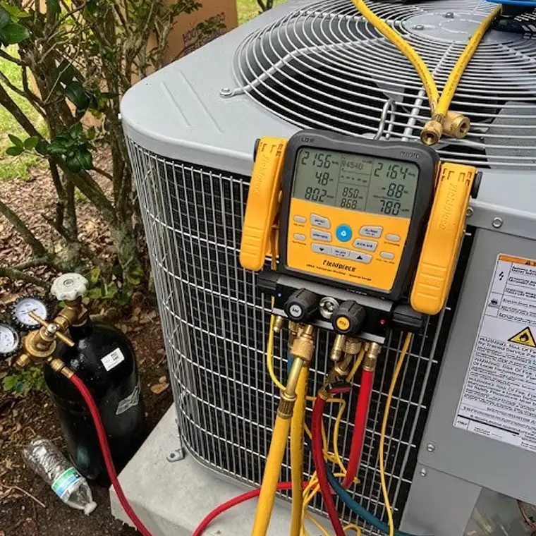 Digital refrigerant gauges connected to an outdoor AC unit during AC maintenance in Orlando.