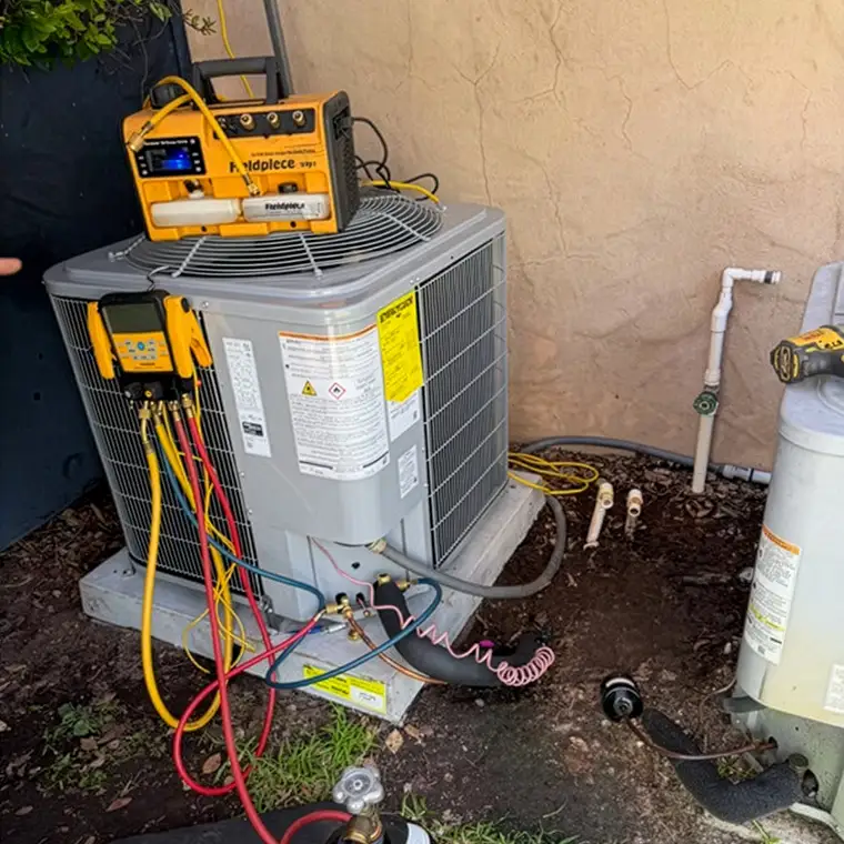 Diagnostic equipment and pressure gauges attached to a residential outdoor air conditioner.