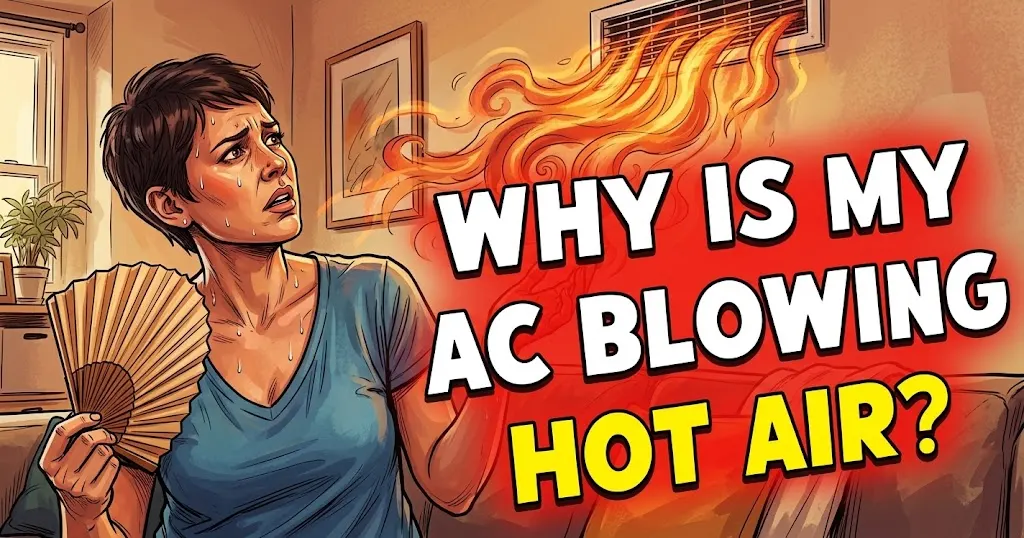 Why is my AC blowing hot air? Woman sweating and fanning herself as flames blow from an AC vent.