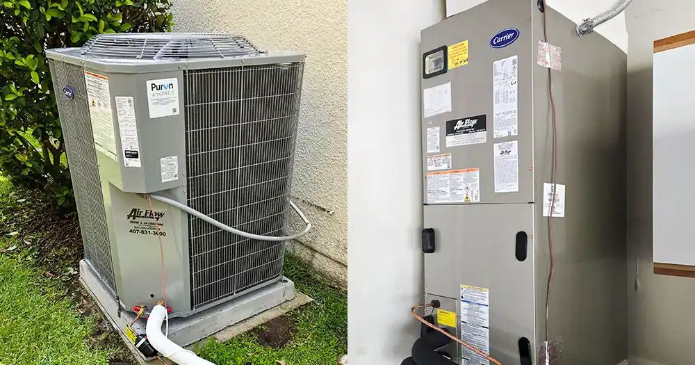 Carrier AC system installation in Orlando featuring an outdoor condenser and indoor air handler.