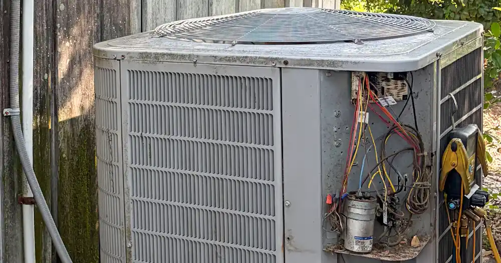 Outdoor AC condenser with service panel open during an AC repair in Jacksonville.