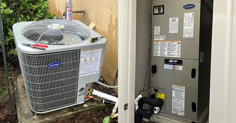 Carrier outdoor AC condenser and indoor air handler installed during an AC replacement in Winter Garden.