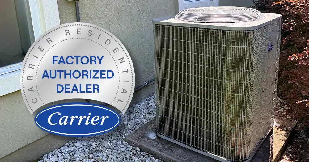Carrier outdoor AC unit with Carrier Factory Authorized Dealer badge in Jacksonville.